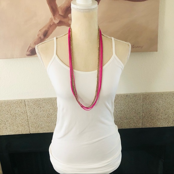 Multi strand pink chain brass sparkle bead necklace - Picture 3 of 6